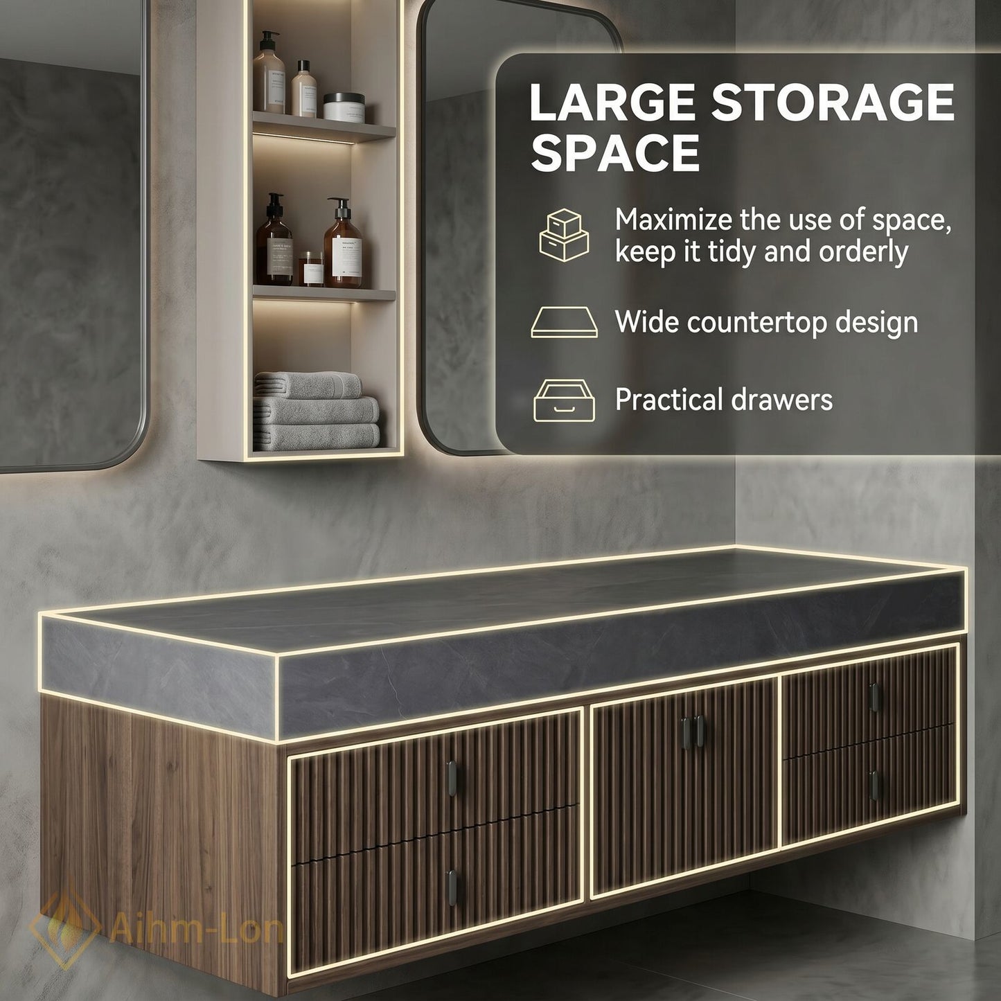 60''-96'' Double Bathroom Vanity with Sink Floating Wall-Mounted Cabinet Dark Stone Surface