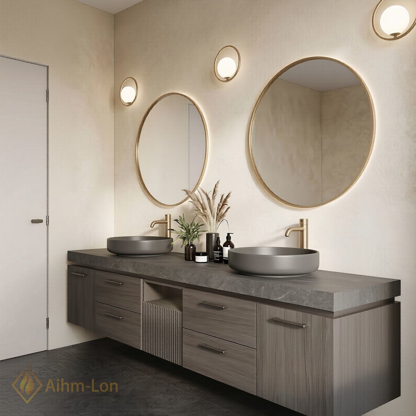 76''-96'' Double Bathroom Vanity with Sink Floating Wall-Mounted Design Mounted Grey Stone