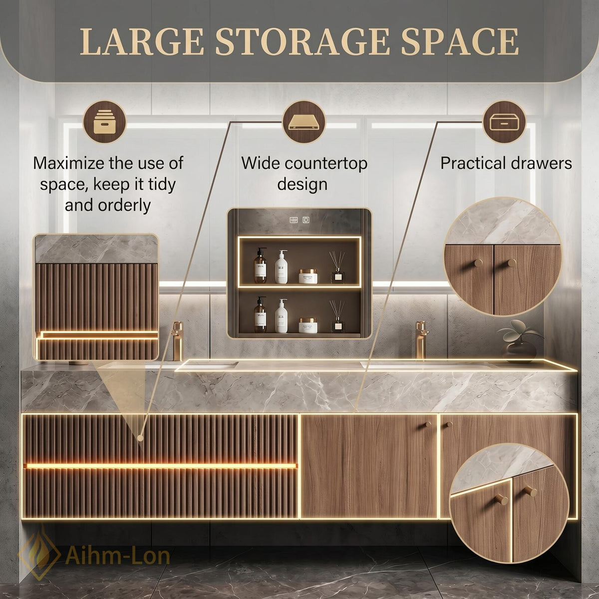 60''-96'' Double Bathroom Vanity with Sink Modern Slatted Front Panels Marble Patterned
