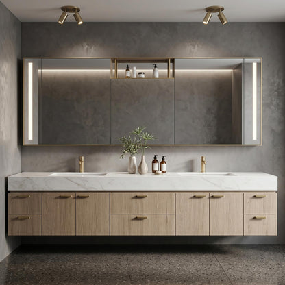 70''-96'' Modern Bathroom Vanity with Sink Floating Double White Marble Oak Wood