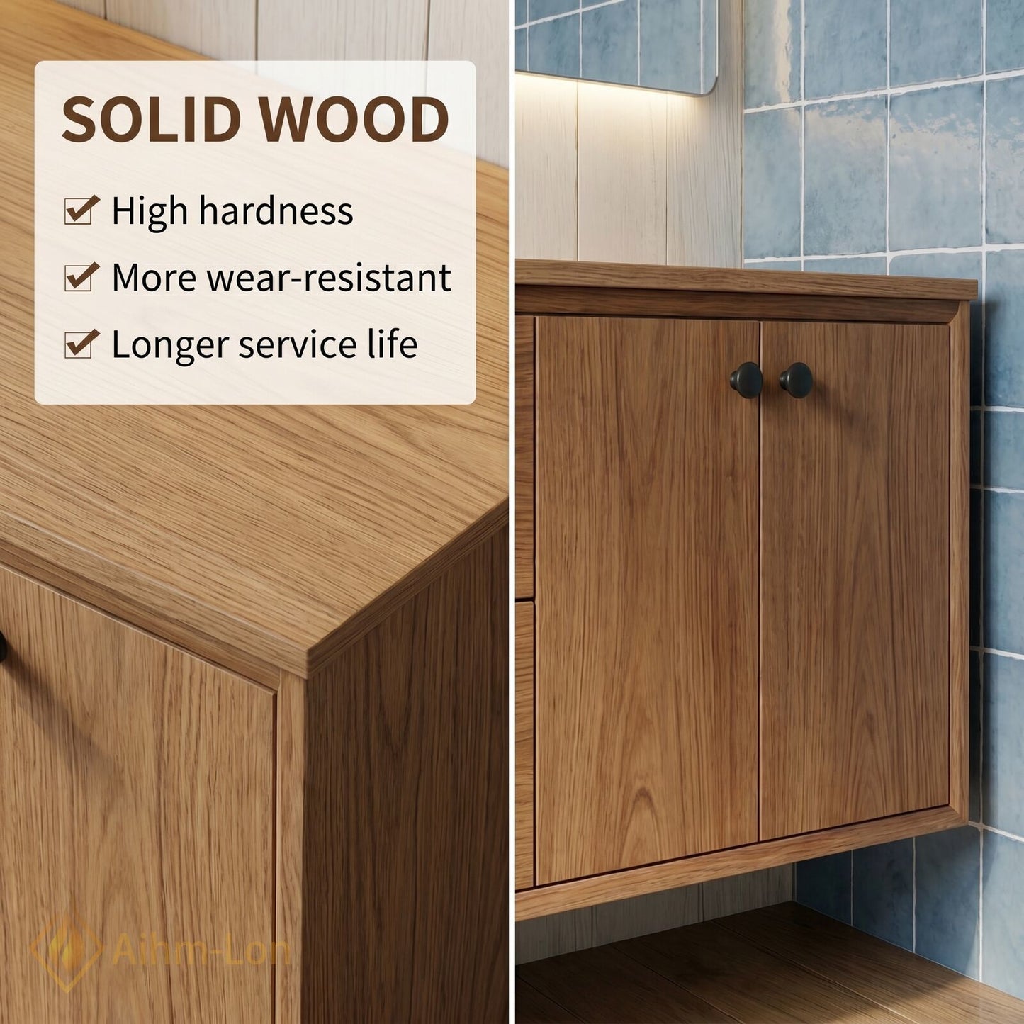 40''-64'' Modern Bathroom Vanity with Sink Floating Wood Grain Large Frame Mirror