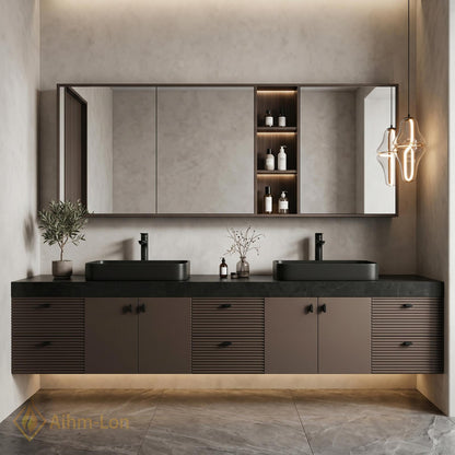 70''-96'' Modern Double Bathroom Vanity with Sink Floating Slatted Front Dark Finish