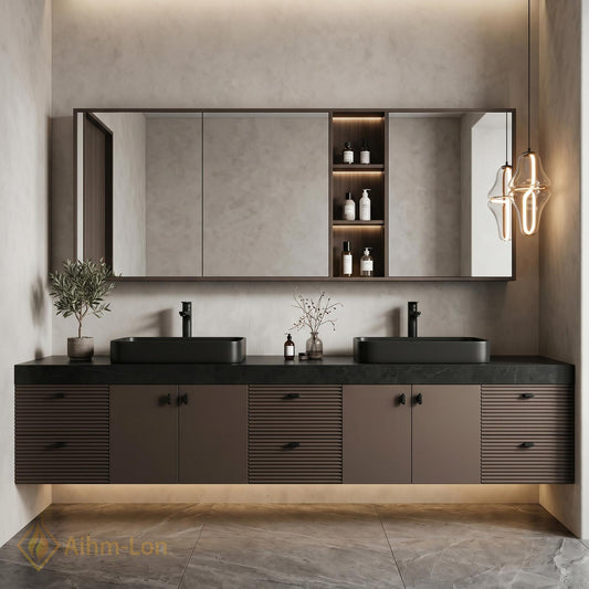 70''-96'' Modern Double Bathroom Vanity with Sink Floating Slatted Front Dark Finish