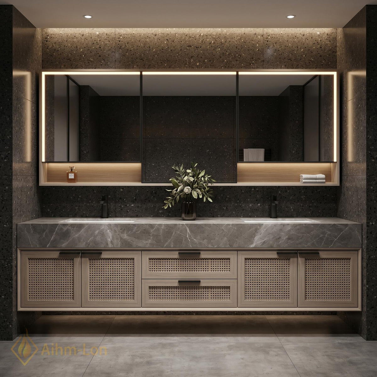60''-96'' Double Bathroom Vanity with Sink Rattan Panel Doors Grey Marble Top
