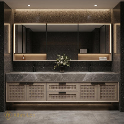 60''-96'' Double Bathroom Vanity with Sink Rattan Panel Doors Grey Marble Top