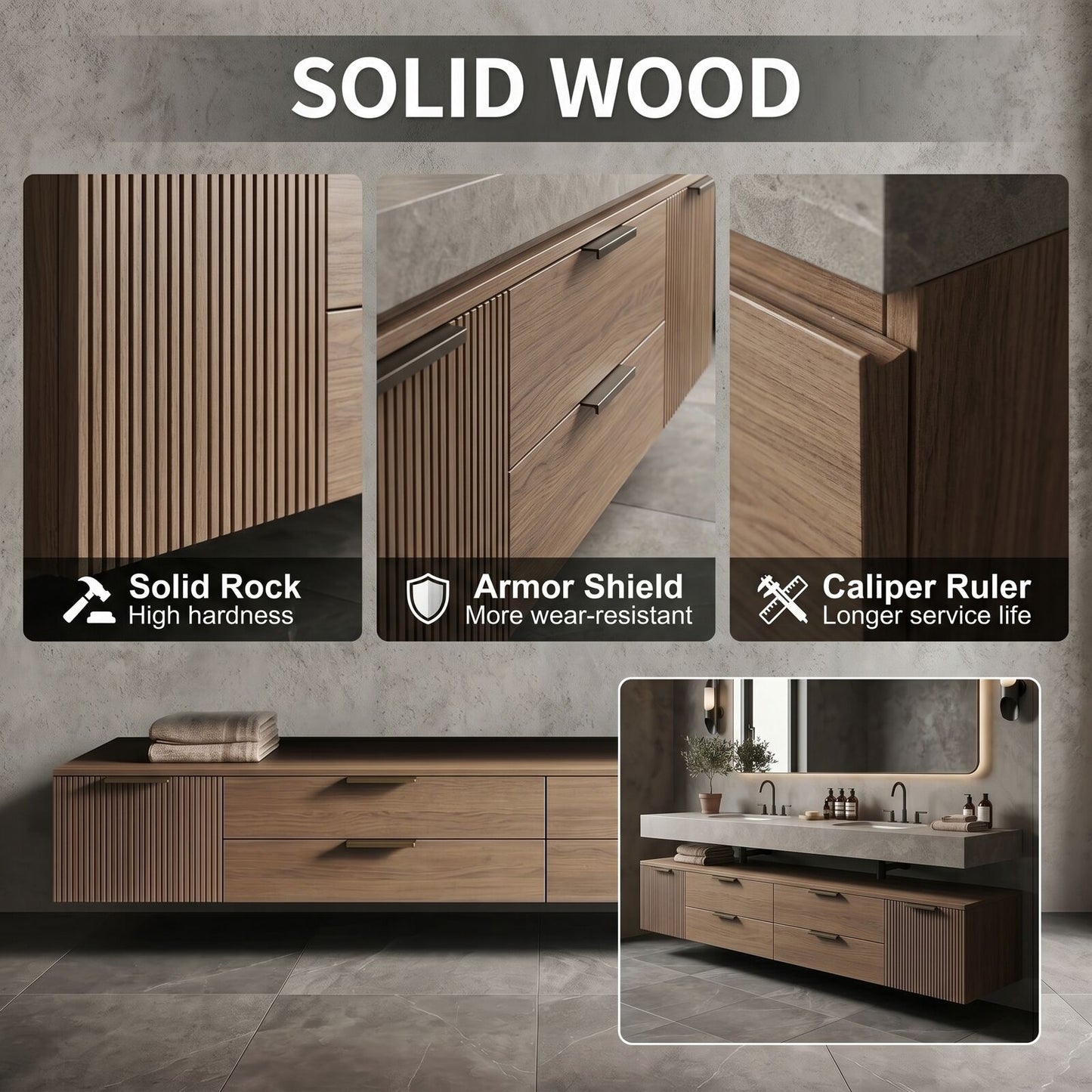 70''-96'' Double Bathroom Vanity with Sink Floating Stone Slab Warm Wood Grain Base