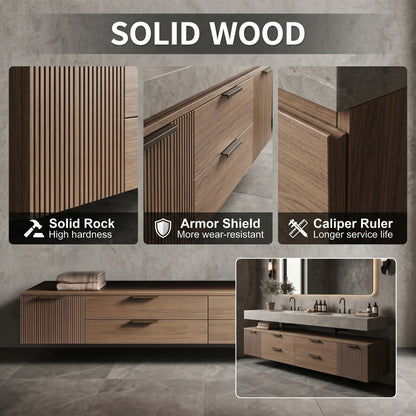 70''-96'' Double Bathroom Vanity with Sink Floating Stone Slab Warm Wood Grain Base