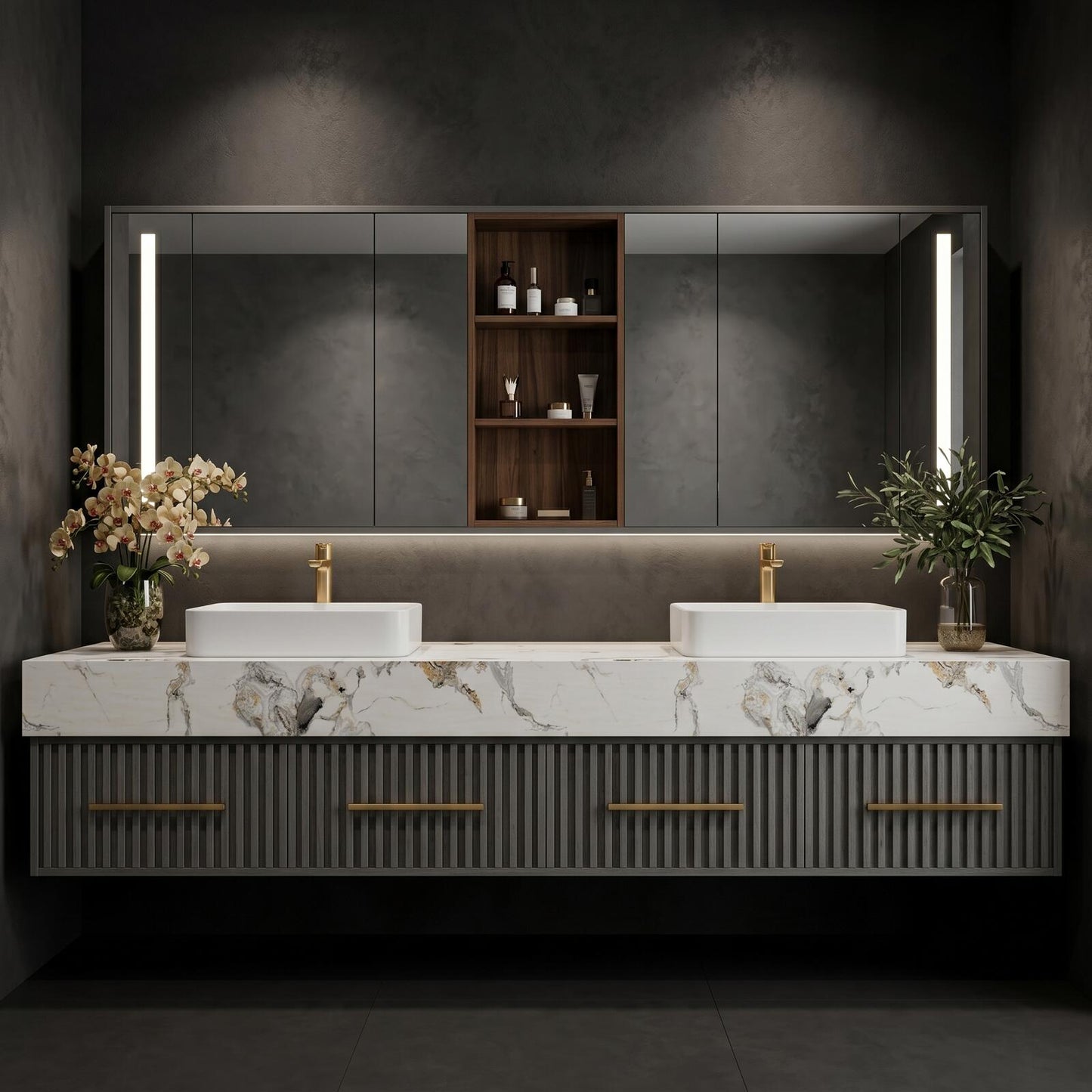 70''-96'' Modern Bathroom Vanity with Sink Double Sink Marble Top Dark Grey Slatted Cabinet
