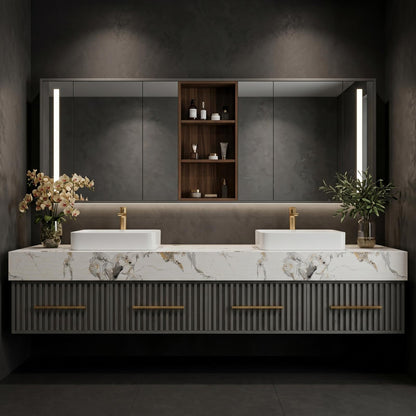 70''-96'' Modern Bathroom Vanity with Sink Double Sink Marble Top Dark Grey Slatted Cabinet