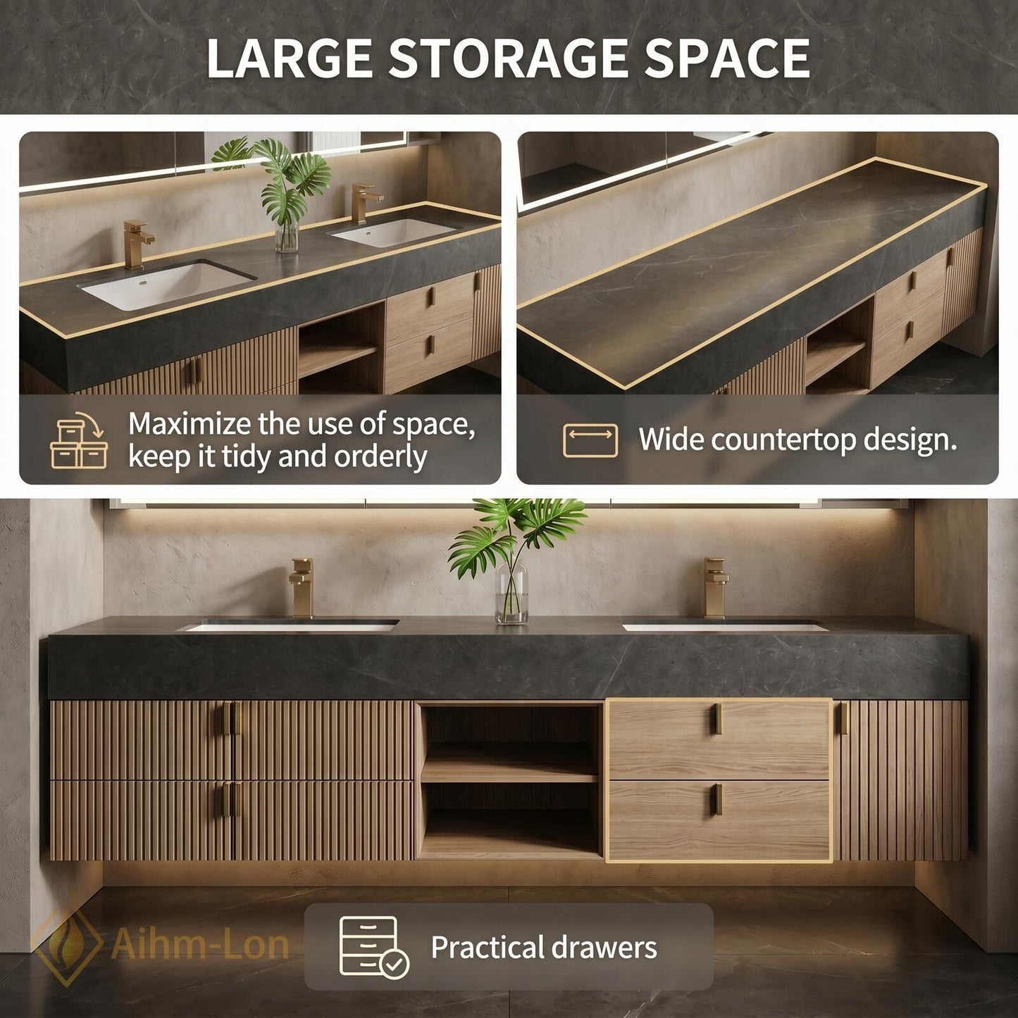 70''-96'' Modern Double Bathroom Vanity with Sink Floating Dark Stone Center Slatted
