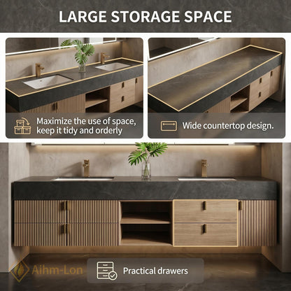 70''-96'' Modern Double Bathroom Vanity with Sink Floating Dark Stone Center Slatted