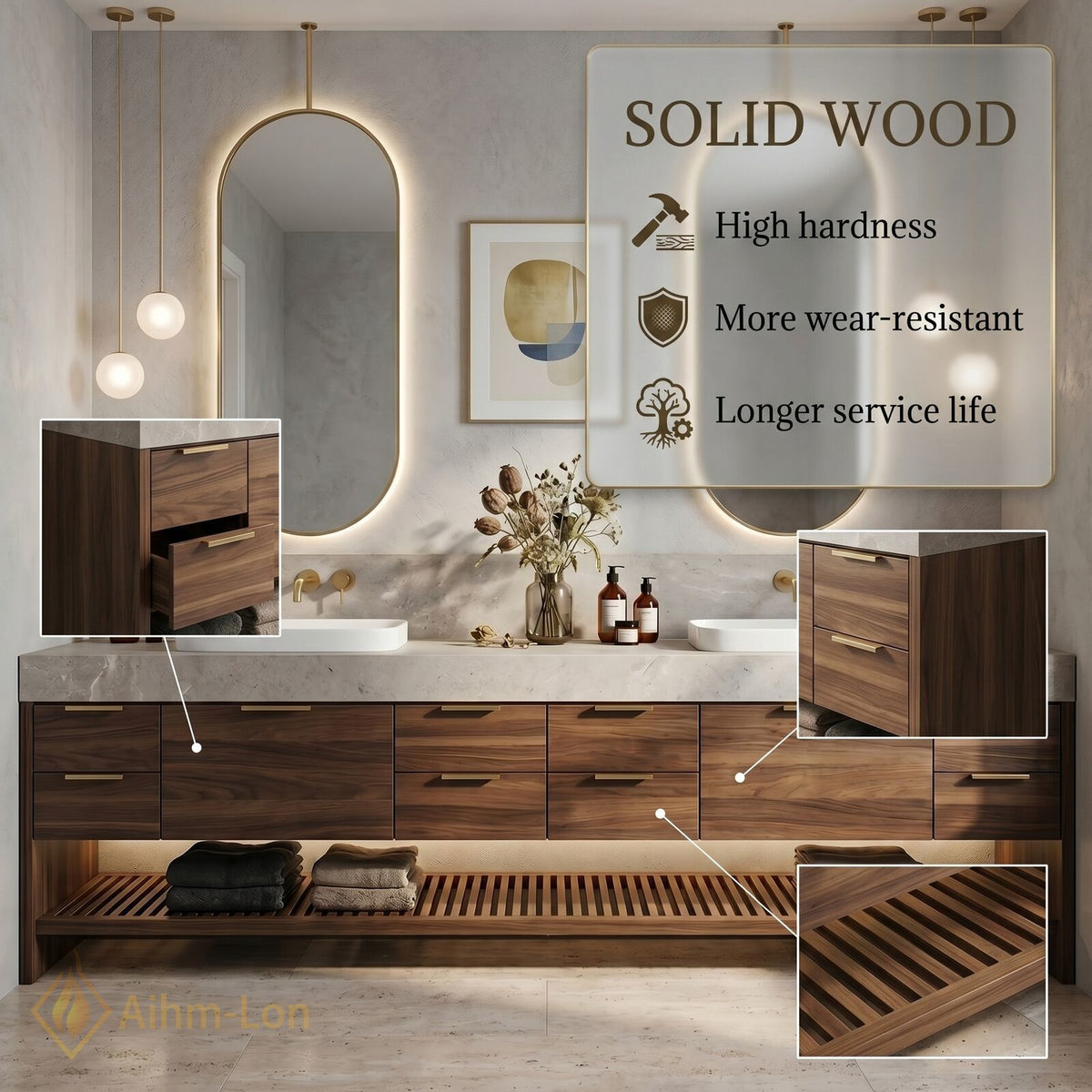 78''-96'' Double Bathroom Vanity with Sink Grey Stone Look Countertop Wood Drawers
