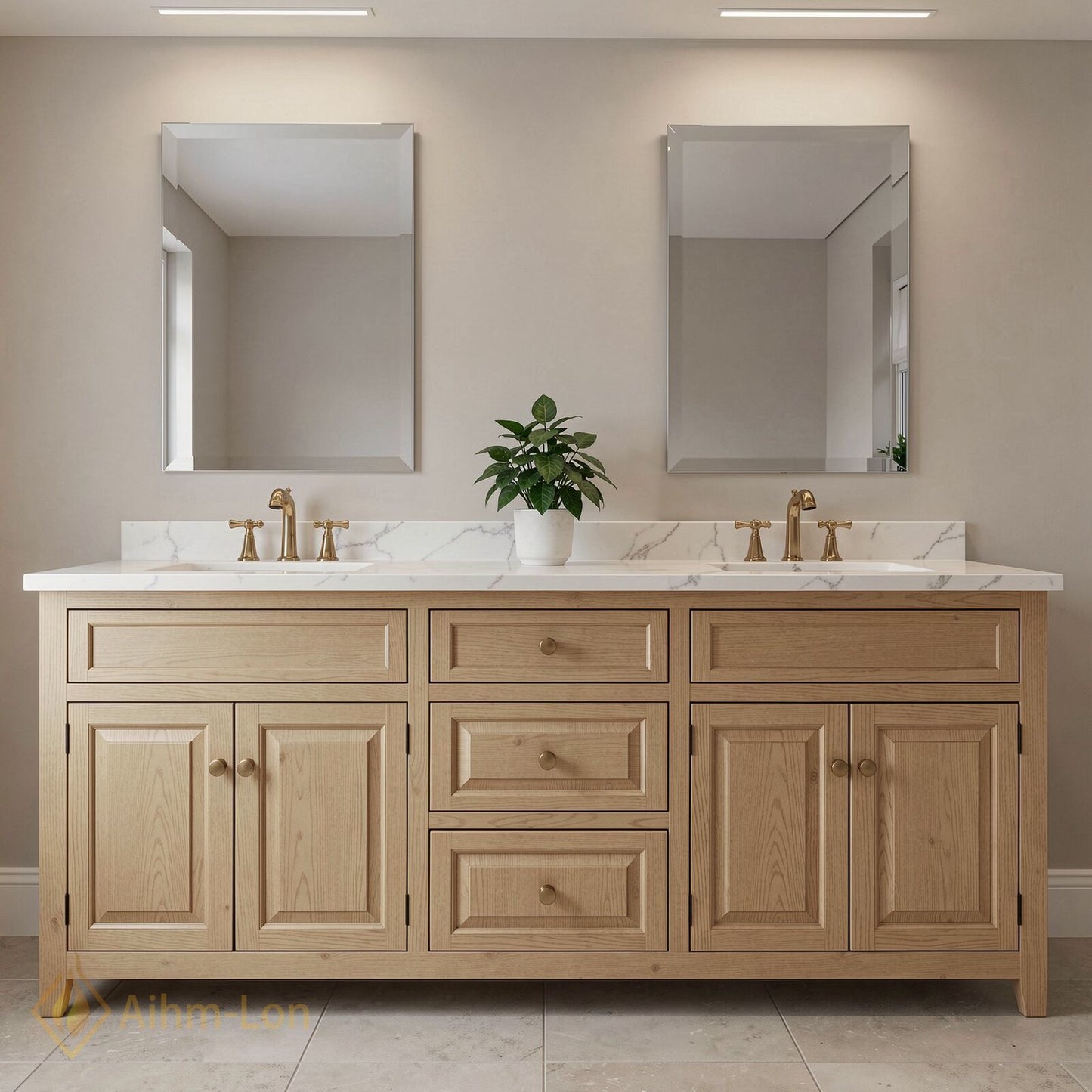 76''-96'' Modern Bathroom Vanity with Sink Light Oak White Marble Deep Drawers