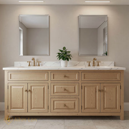 76''-96'' Modern Bathroom Vanity with Sink Light Oak White Marble Deep Drawers