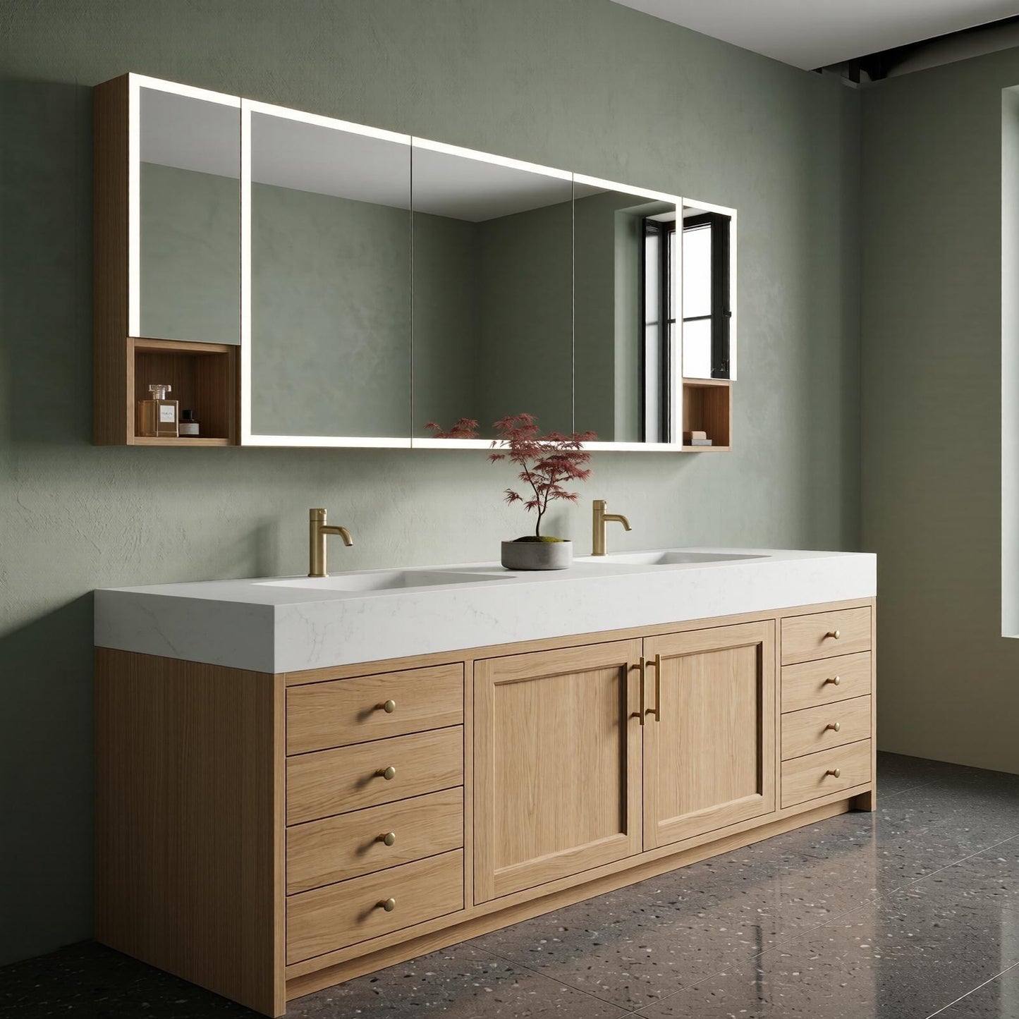 70''-96'' Modern Bathroom Vanity with Sink Double Sink Clean Linen Oak Paneling Drawers Cabinet