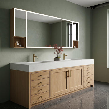 70''-96'' Modern Bathroom Vanity with Sink Double Sink Clean Linen Oak Paneling Drawers Cabinet