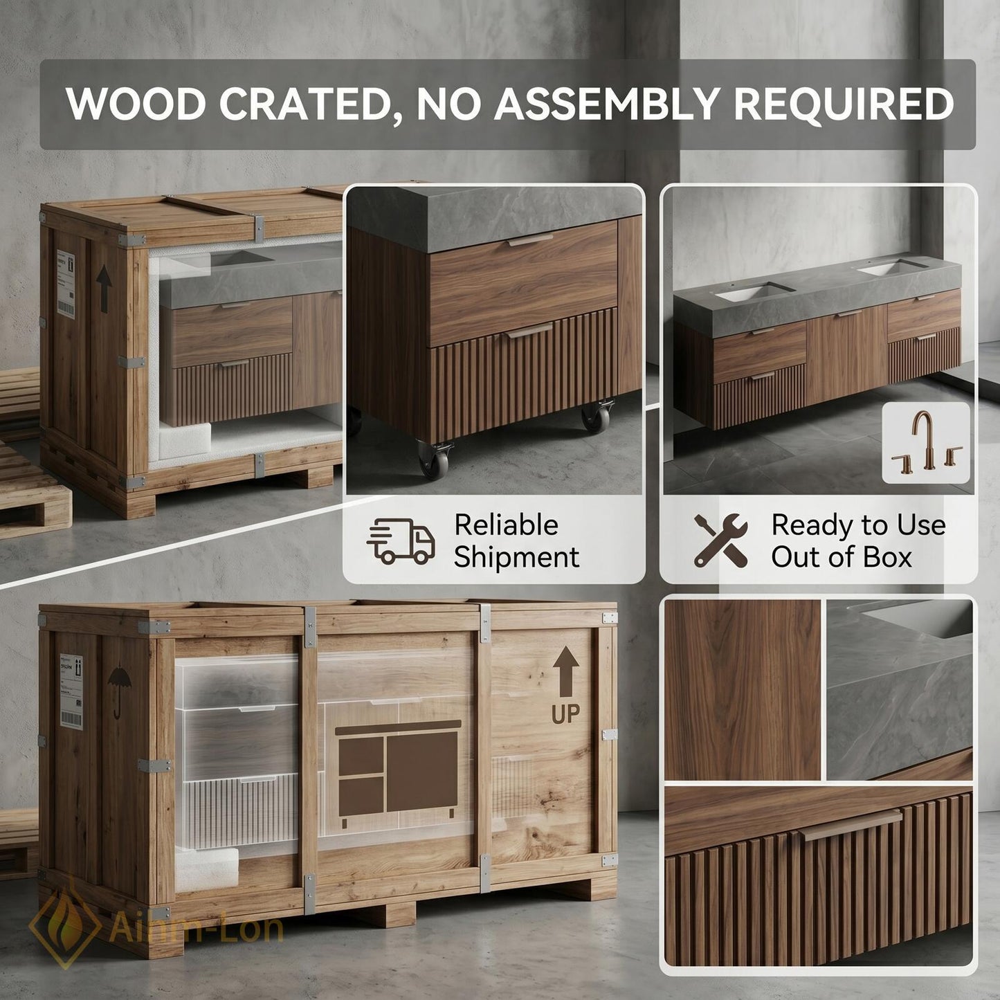 60''-96'' Double Bathroom Vanity with Sink Dark-Walnut Floating Basin Slatted-Panel