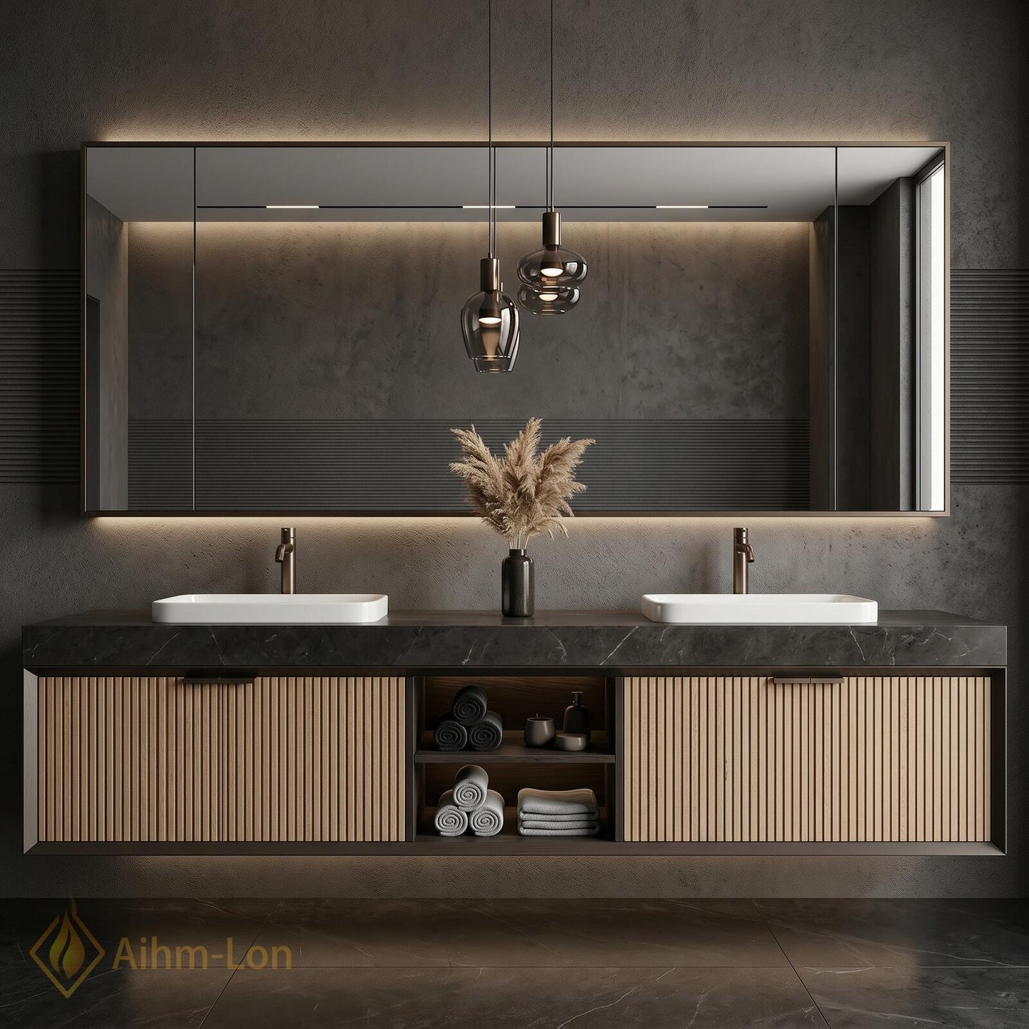 60''-96'' Double Bathroom Vanity with Sink Dark Modern Floating Stone Countertop Slatted