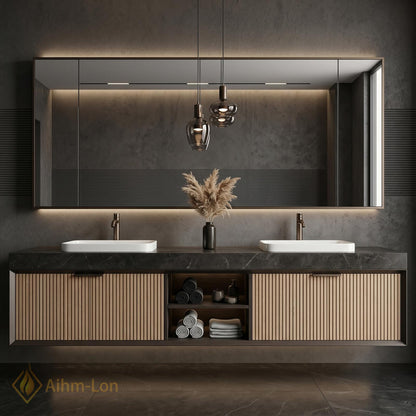 60''-96'' Double Bathroom Vanity with Sink Dark Modern Floating Stone Countertop Slatted