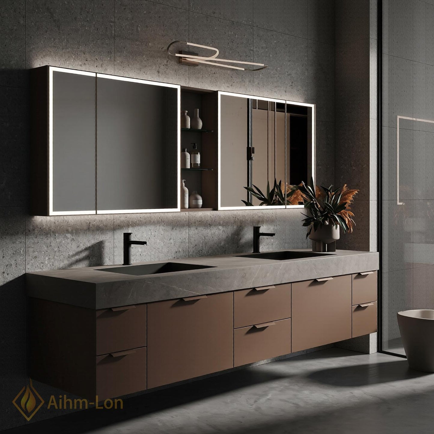 70''-96'' Modern Floating Bathroom Vanity with Sink Open Mirror Matte Taupe Finish