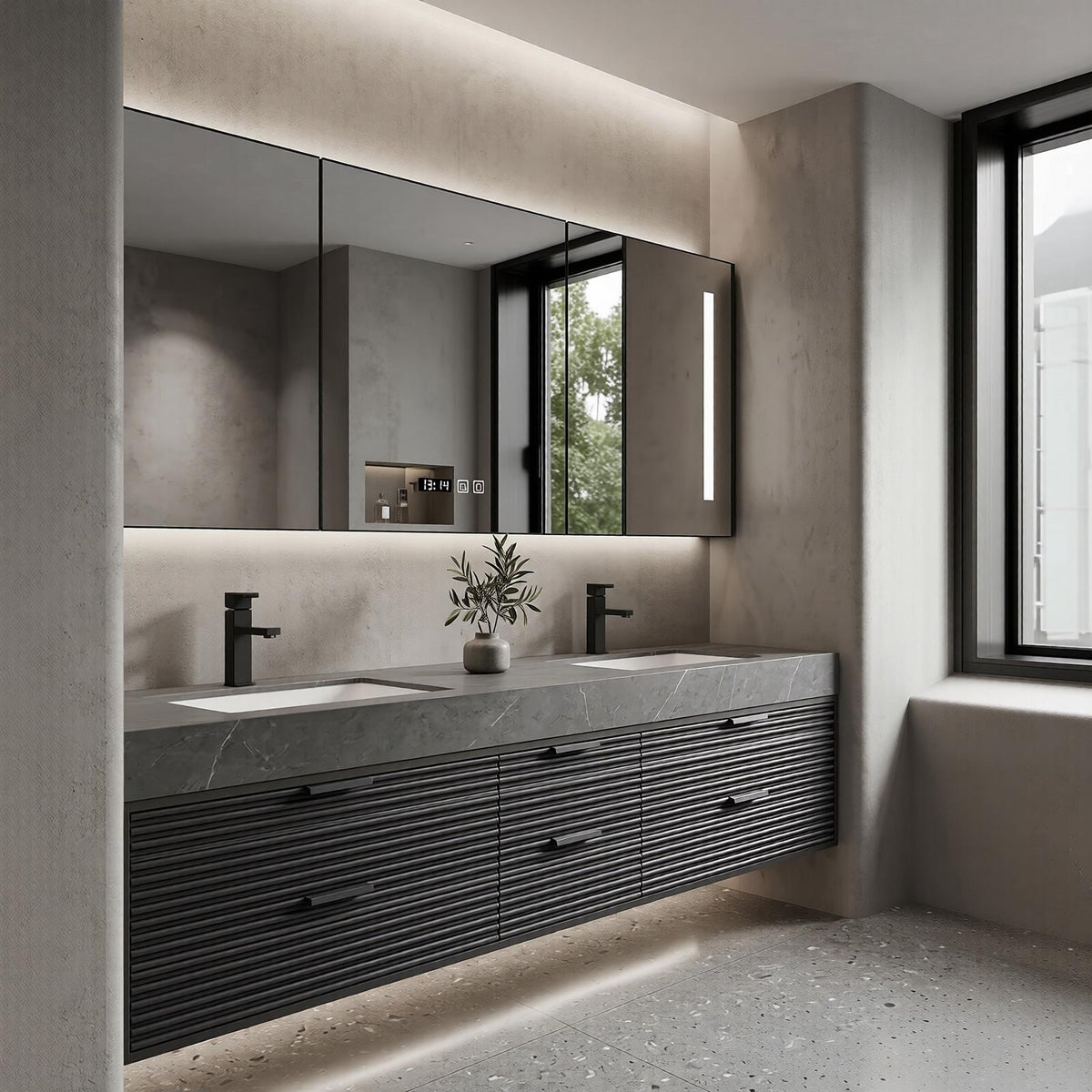 60''-96'' Double Bathroom Vanity with Sink Modern Floating Charcoal Stone Slatted Drawer