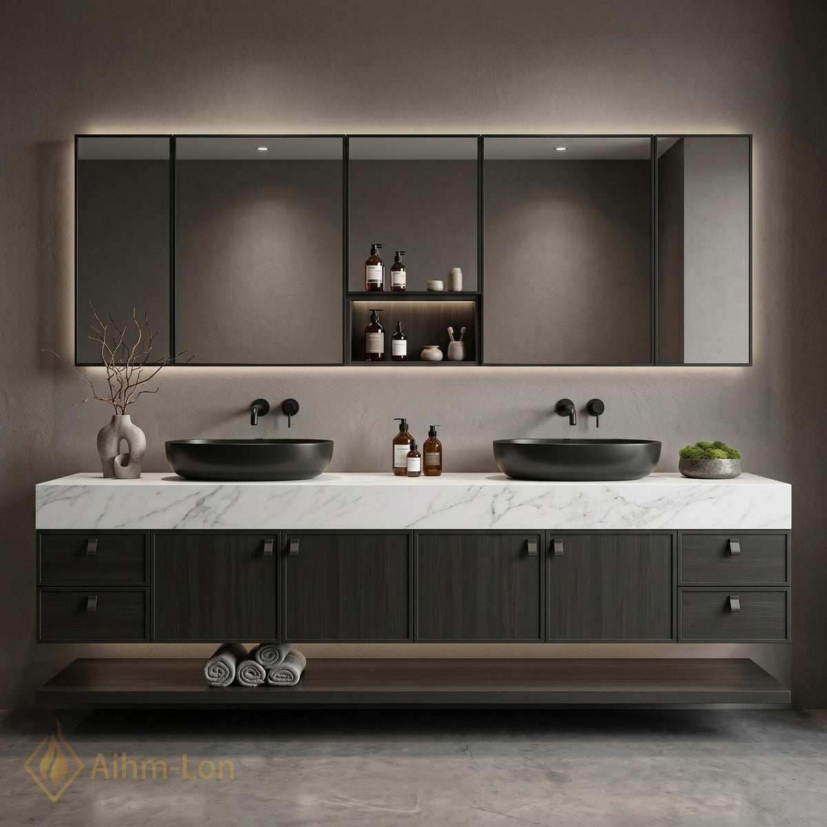 60''-96'' Double Bathroom Vanity with Sink Modern Floating Stone Top Matte Dark