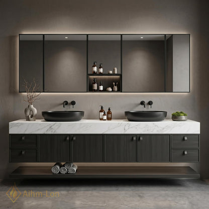 60''-96'' Double Bathroom Vanity with Sink Modern Floating Stone Top Matte Dark