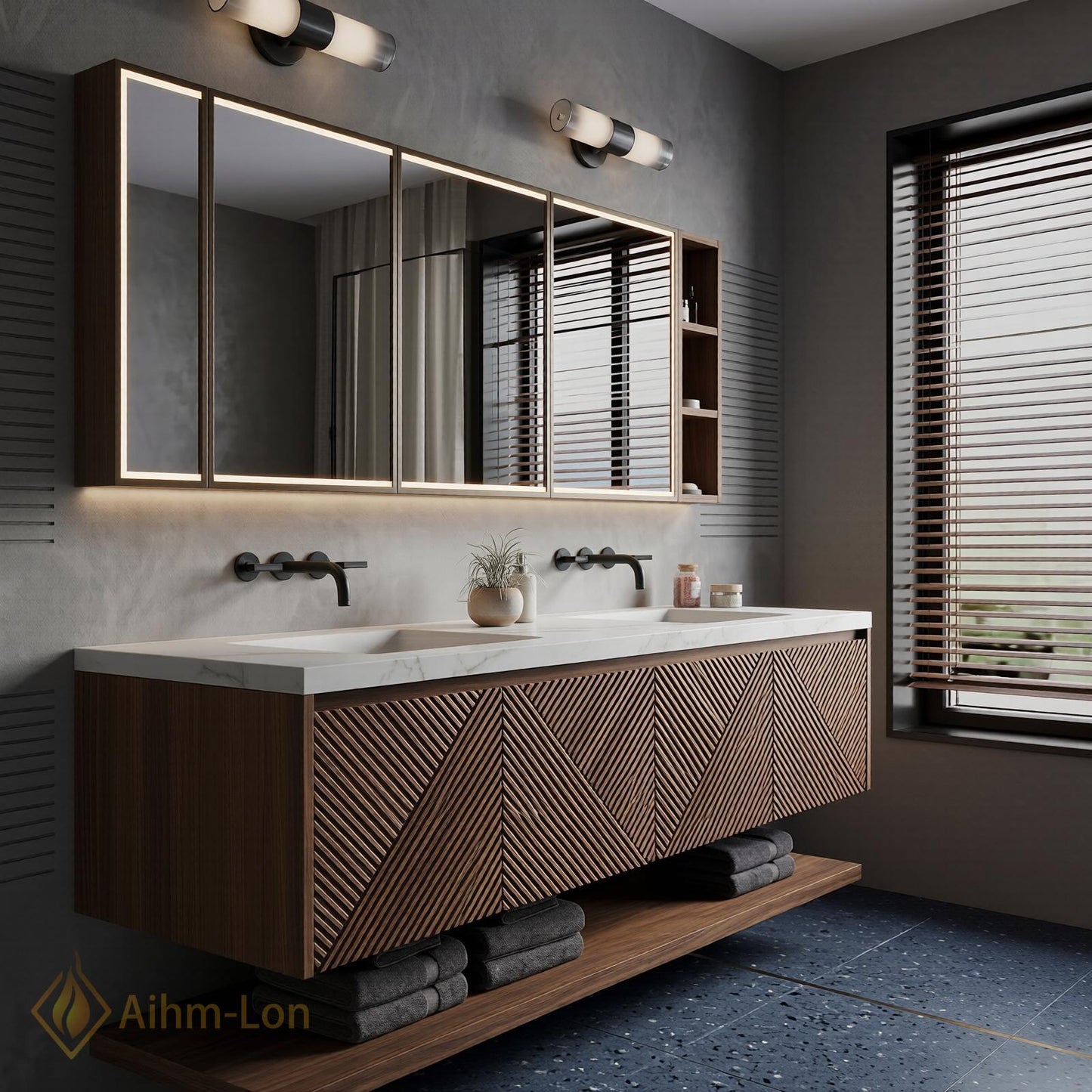 70''-96'' Modern Floating Bathroom Vanity with Sink Slatted Geometric Panels Marble Top