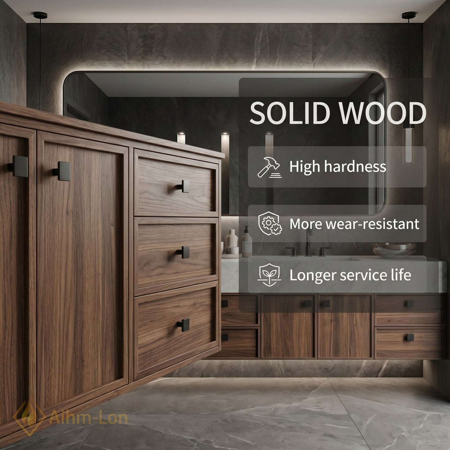 76''-96'' Double Bathroom Vanity with Sink Walnut Floating Elegant Marble Top Wood