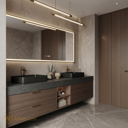 60''-96'' Modern Bathroom Vanity with Sink Dark Walnut Slatted Center Open Shelving