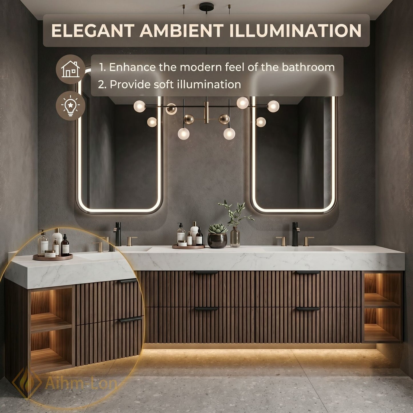 78''-96'' Double Bathroom Vanity with Sink White-Marble White Floating Modern Slatted Style