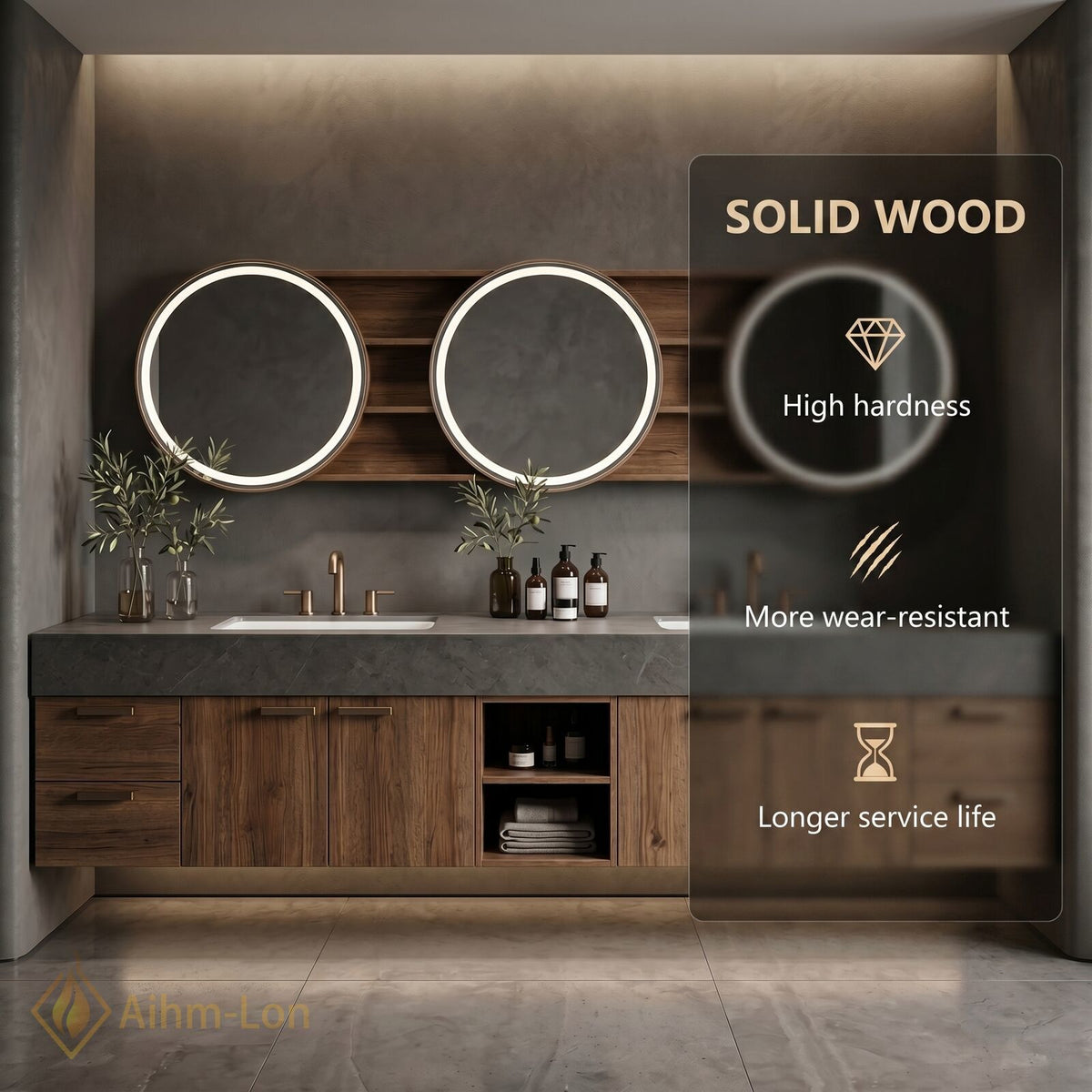 78''-96'' Double Bathroom Vanity with Sink Dark Walnut Open Shelving Slatted Panel
