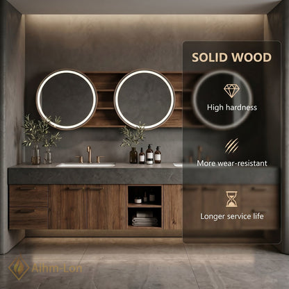 78''-96'' Double Bathroom Vanity with Sink Dark Walnut Open Shelving Slatted Panel