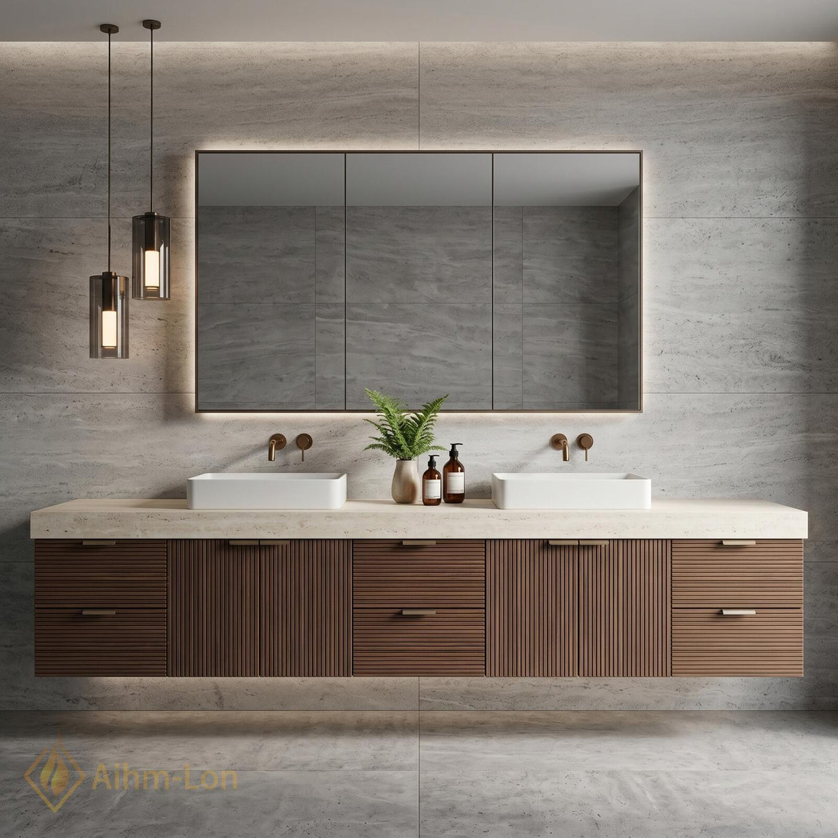 60''-96'' Modern Floating Bathroom Vanity with Sink Slatted Wood Large Mirror Cabinet