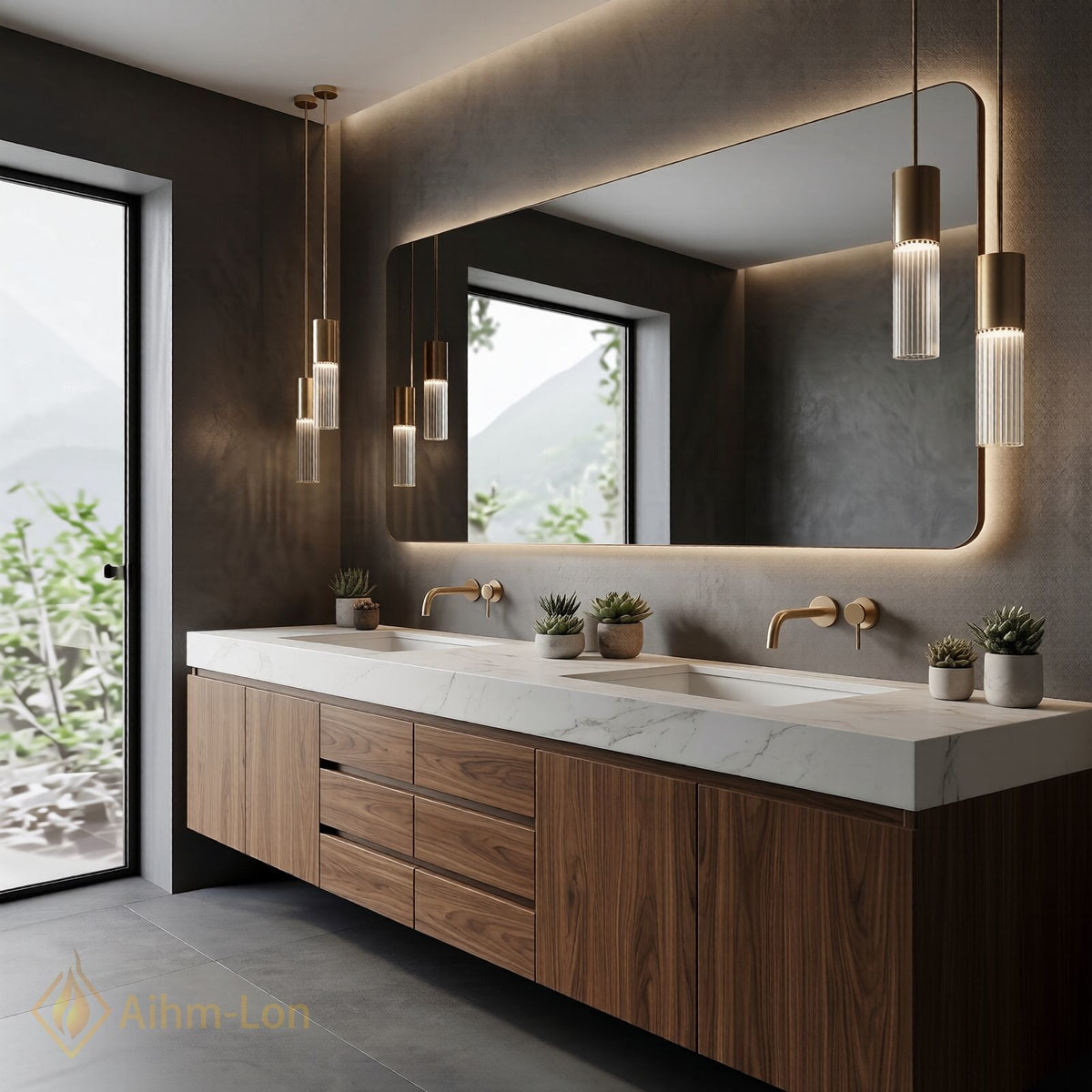 60''-96'' Double Bathroom Vanity with Sink White Marble Top Wood Grain Drawers