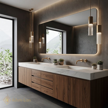 60''-96'' Double Bathroom Vanity with Sink White Marble Top Wood Grain Drawers