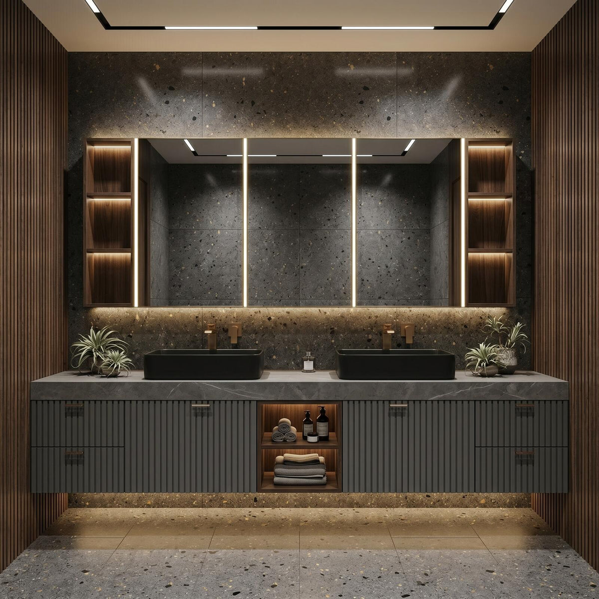 60''-96'' Double Bathroom Vanity with Sink Modern Floating Dark Slatted Speckled Stone Top