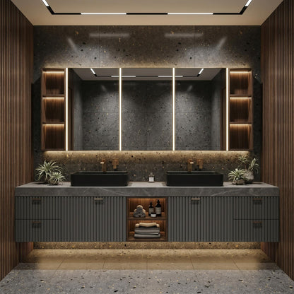 60''-96'' Double Bathroom Vanity with Sink Modern Floating Dark Slatted Speckled Stone Top