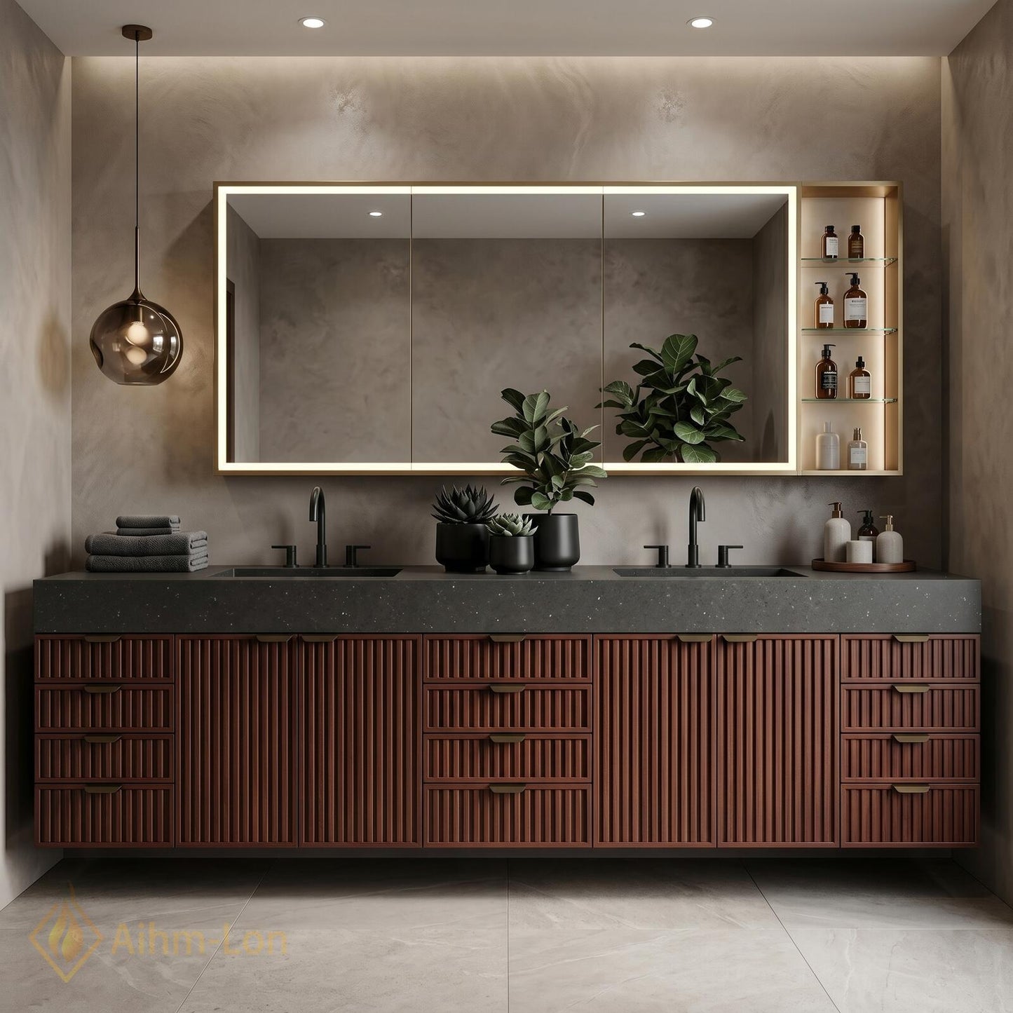 70''-96'' Modern Double Bathroom Vanity with Sink Vertical Slats Dark Finish Cabinet