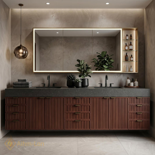 70''-96'' Modern Double Bathroom Vanity with Sink Vertical Slats Dark Finish Cabinet