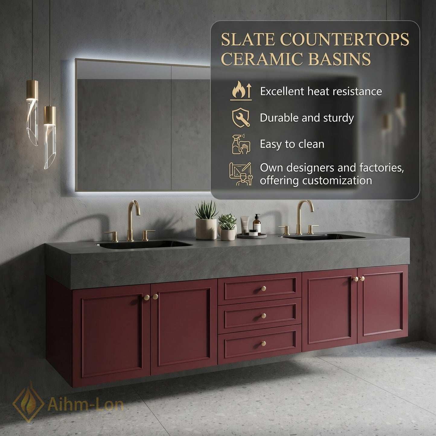 60''-96'' Modern Bathroom Vanity with Sink Floating Red Painted Undermount Drawers