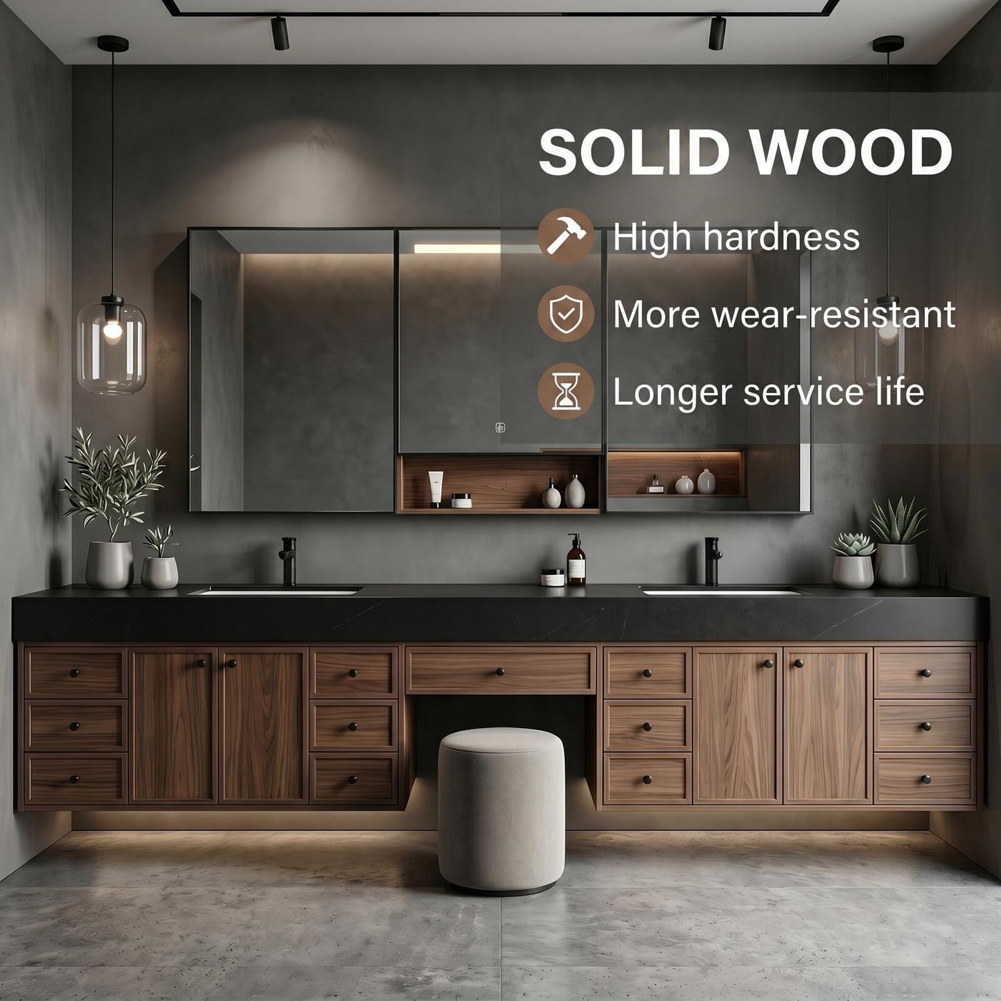 78''-96'' Modern Bathroom Vanity with Sink Double Dark Stone Top Drawer Storage
