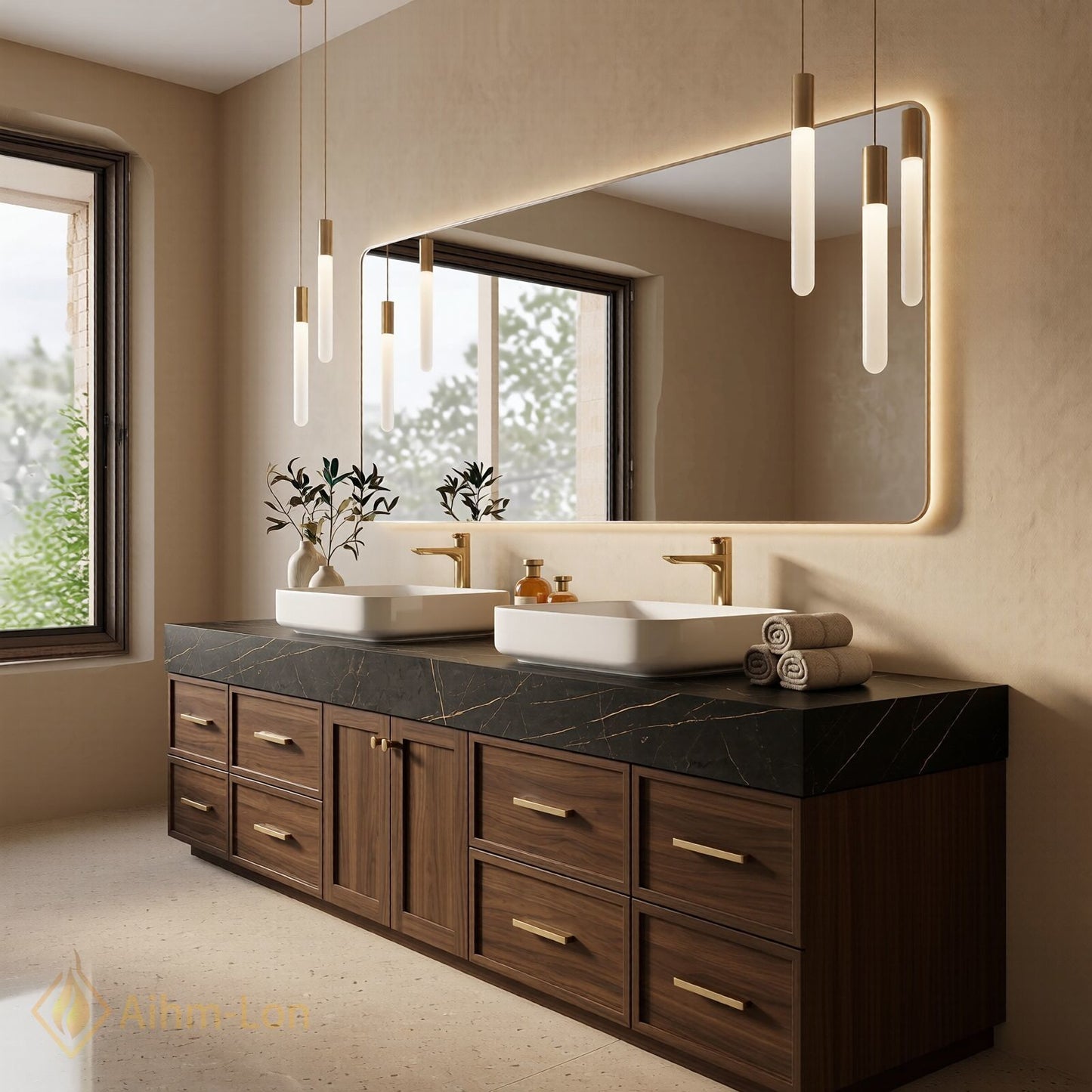 76''-96'' Double Bathroom Vanity with Sink Wood-Grain Dark Marble Top Grained Drawers