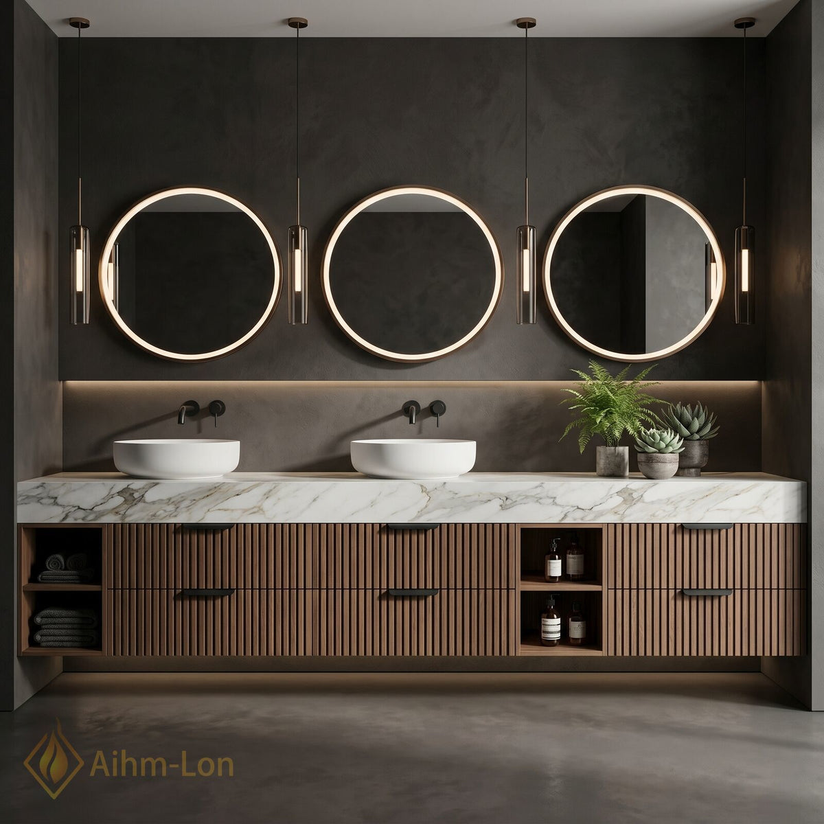 78''-96'' Double Bathroom Vanity with Sink Vertical Slatted Panels White Marble Top