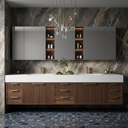60''-96'' Double Bathroom Vanity with Sink Modern Floating Dark Walnut Vertical Slats