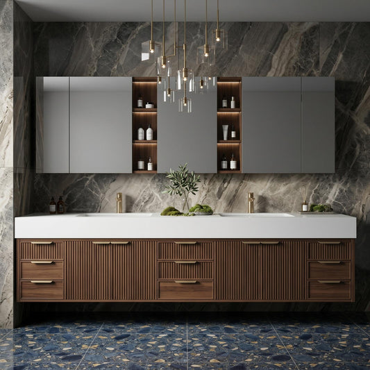 60''-96'' Double Bathroom Vanity with Sink Modern Floating Dark Walnut Vertical Slats