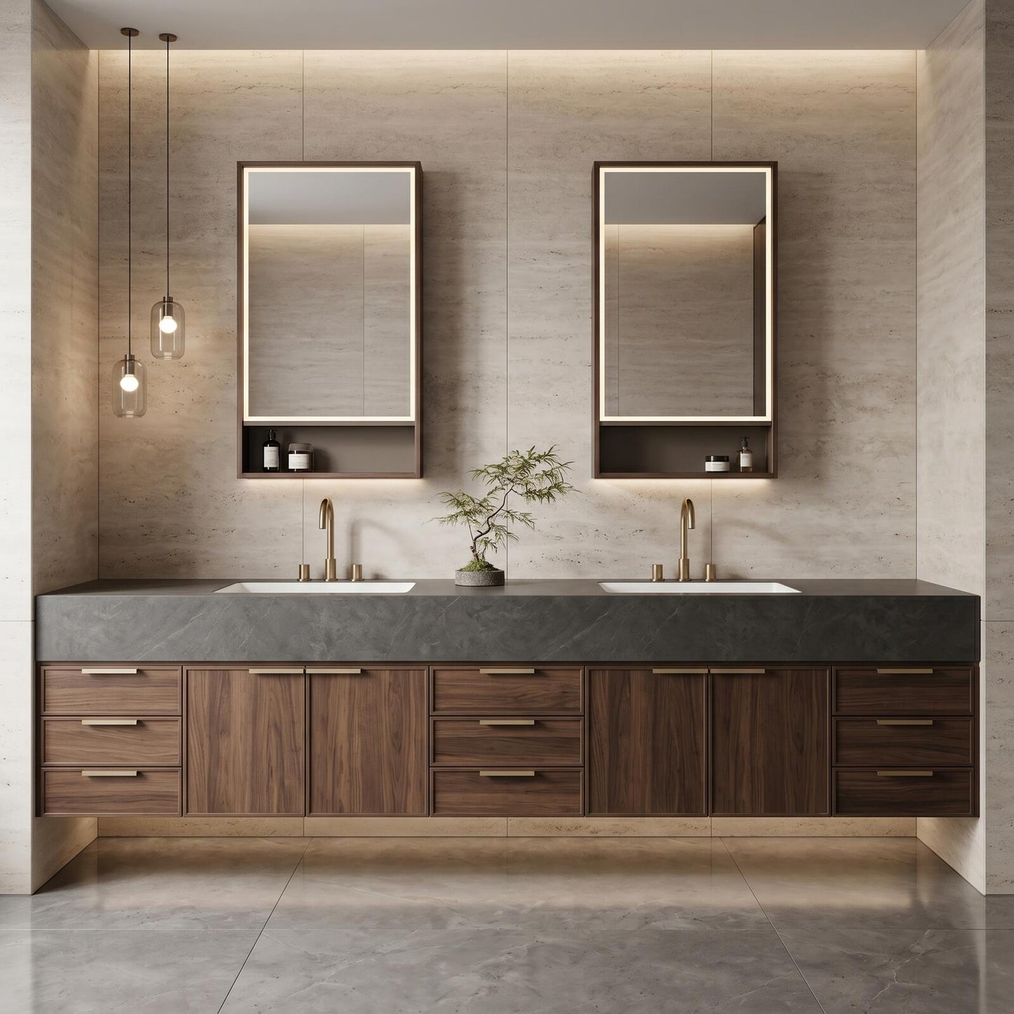 70''-96'' Modern Bathroom Vanity with Sink Double Sink Dark Stone Walnut Drawers Cabinet