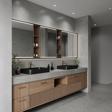 60''-96'' Double Bathroom Vanity with Sink Modern Floating Warm Wood Slatted Center Panel