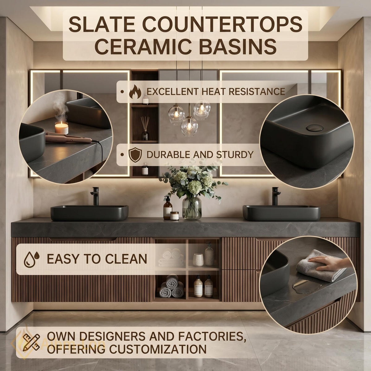 60''-96'' Double Bathroom Vanity with Sink Open Shelving Ribbed Wood Panels Center