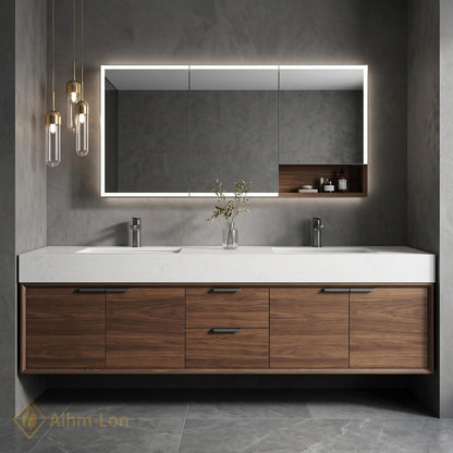 70''-96'' Modern Double Bathroom Vanity with Sink Floating Warm Walnut Open Shelving